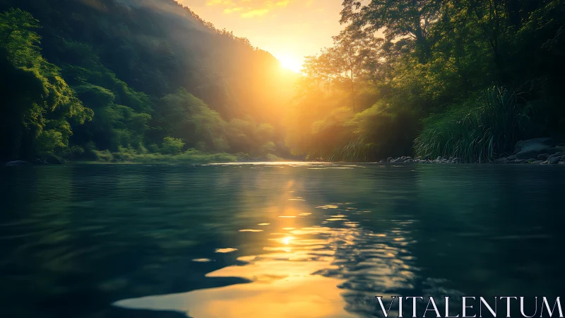 Sunset light reflects across calm forest river channel