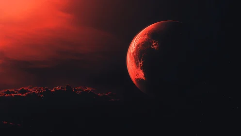 Crimson eclipse over a molten world in silent deep space.
