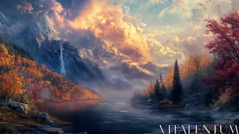 Mountain lake under dramatic sky with autumn forest