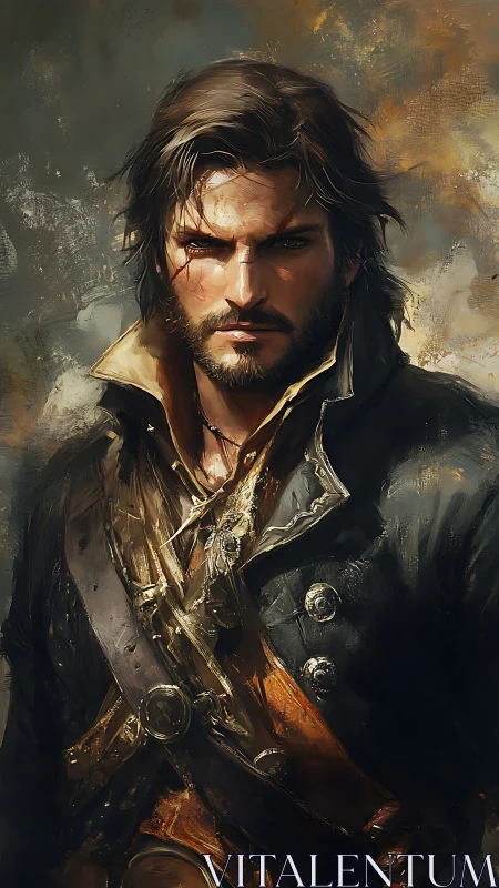 Scarred pirate captain glares through painterly storm light.