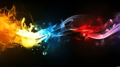 Contrasting colored light trails intersect across dark background