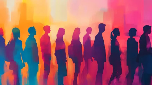 Silhouetted crowd moves through radiant abstract sunset haze.