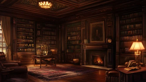 Warm wood paneled library with fireplace and desk interior.