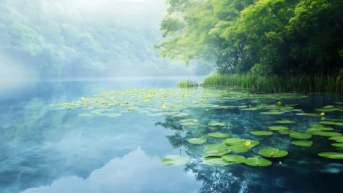 Misty forest lake with lily pads and mirrored reflections.