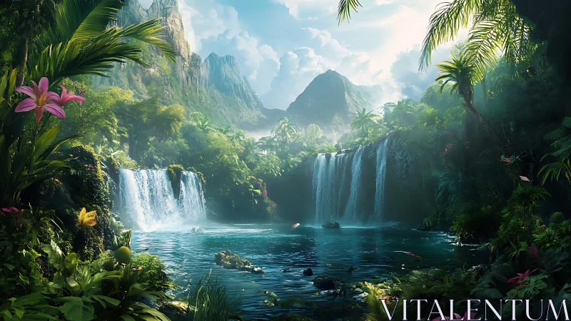 Lush tropical waterfalls beneath luminous misty peaks.