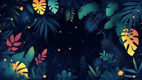 Glowing jungle leaves circling a calm midnight clearing.