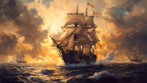 Sailing warship squadron on rough sea under storm clouds.