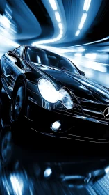 Sports car moves through illuminated tunnel with motion trails