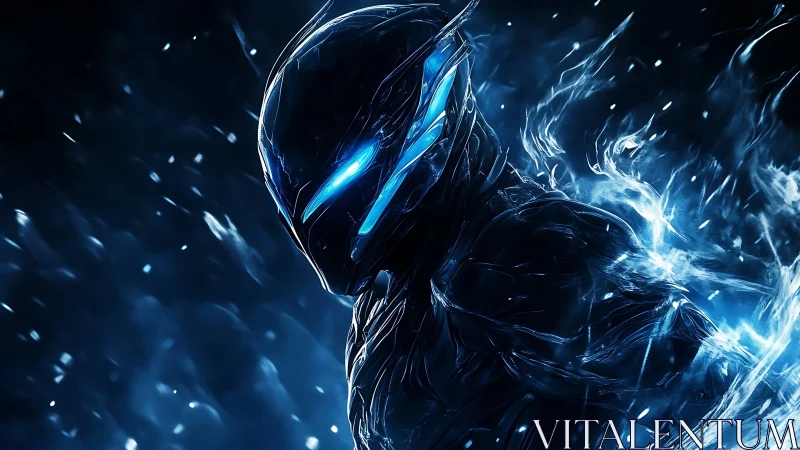 Armored humanoid figure with blue luminous accents in motion.