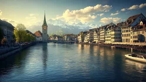 Sunlit European riverside city with distant alpine peaks.