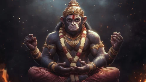 Digital painting of divine simian yogi in radiant meditation pose.