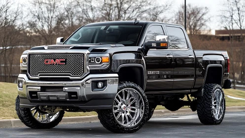 Lifted black GMC Sierra Denali truck showcases custom chrome stance