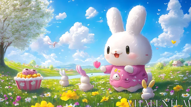Cartoon rabbits in flower meadow with cupcake and lake.