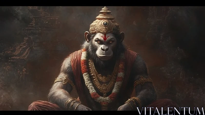 Anthropomorphic simian deity in ornate regal armor, smoky backdrop