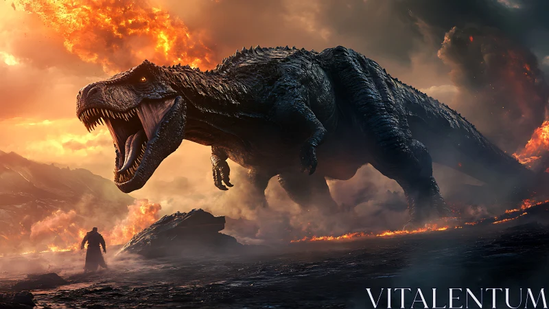 Volcanic titan rex roars above a lone shadowed warrior.