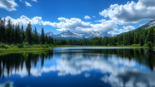 Mountain lake mirrors pine forest and bright summer sky