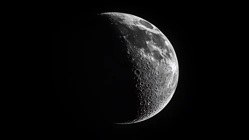 Crescent moon close-up with sharp crater shadows in space.