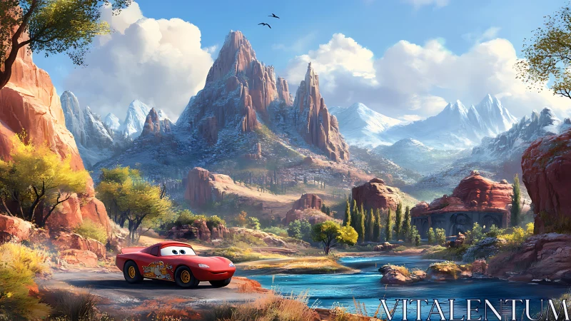 Anthropomorphic racing car in stylized alpine canyon environment.