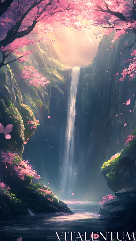 Vertical waterfall amid rocky gorge and pink blossom trees.