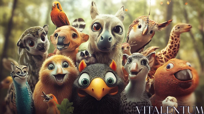 Joyful forest creatures crowd in stylized group portrait.