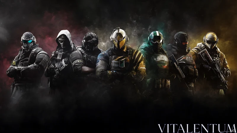 United tactical squad standing strong in glowing smoke.