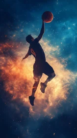 Basketball player soars through cosmic fire and nebula sky