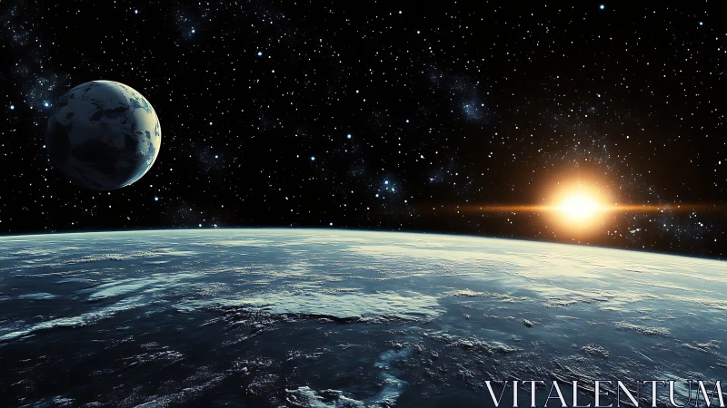 Planetary horizon with distant sunrise over star field.