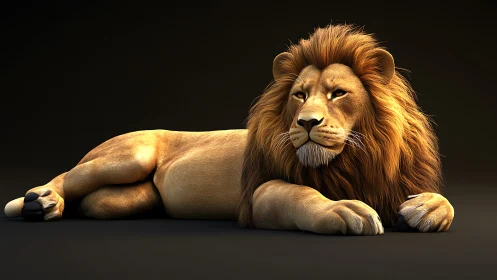 3D render of reclining male lion under warm rim lighting