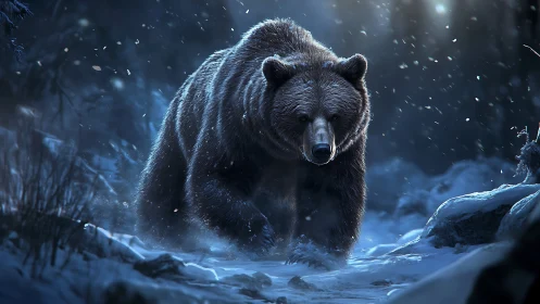 Nocturnal brown bear traversal in volumetric winter lighting.