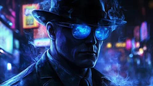 Noir cybernetic observer with luminous spectral eyewear.