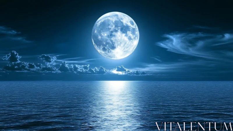 Full moon over calm blue ocean under night sky.