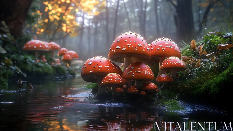 Clustered fly agaric mushrooms rendered beside reflective forest stream