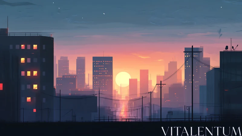 Sunset light cuts dense urban skyline with glowing windows