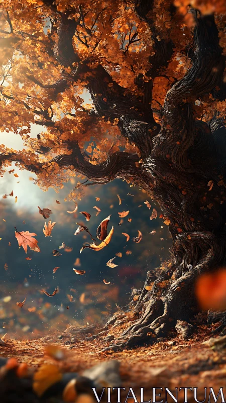 Whirling autumn leaves dance around an ancient story-tree.