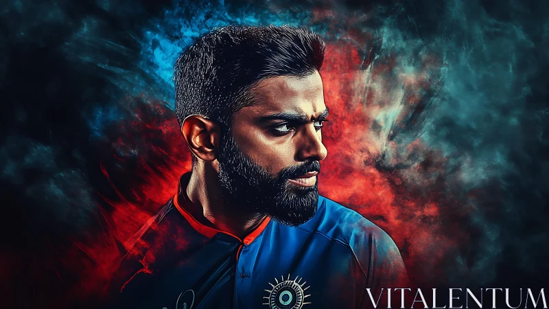 Dynamic digital portrait of a focused cricket player in smoke