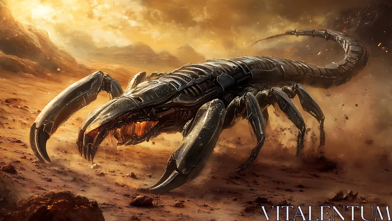 Mechanical desert scorpion charges through blazing dust storm