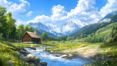 Sunny log cabin by mountain stream in bright green valley.
