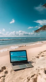 Laptop on tropical beach sand under clear blue sky.