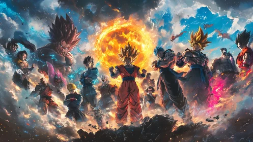 Saiyan warriors converge amid blazing celestial energy.