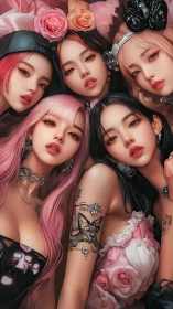 Blooming neon muses gathered in a dreamy petal embrace.