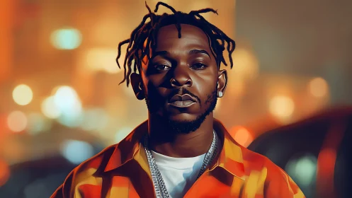 Man with short dreadlocks stands in front of blurred city lights