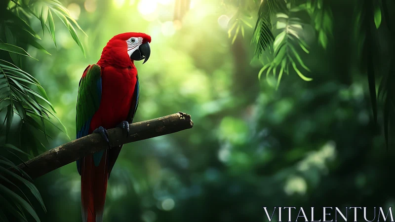 Scarlet macaw perched on branch in lush rainforest, vibrant style.