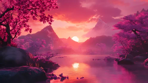 Chromatic sunset over magenta forest lake with distant peaks