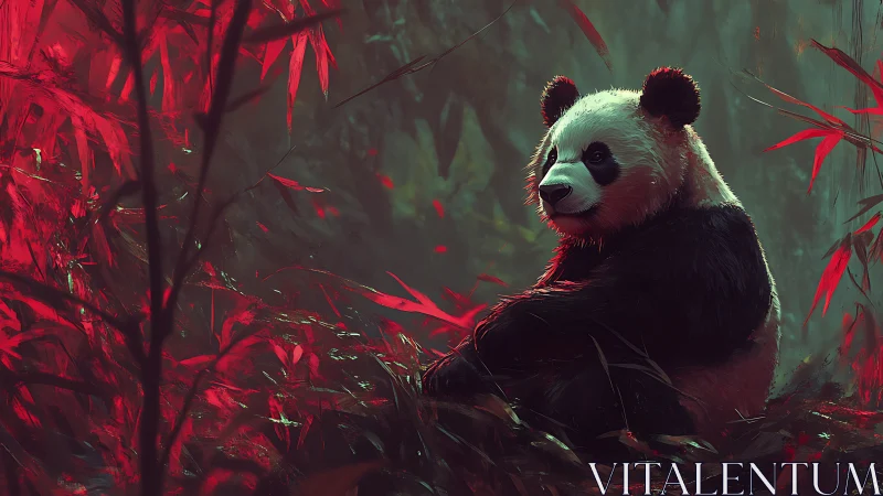 Solitary panda resting amid red-tinted bamboo forest.