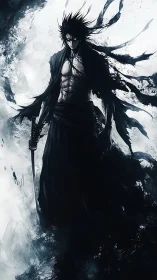 Dark samurai emerges through abstract monochrome energy field