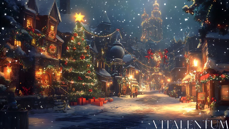 Snowy village street with large decorated Christmas tree.