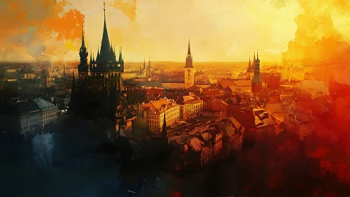 Historic European cityscape with spires under warm sky.