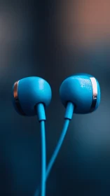 Blue wired earbuds hang in soft, moody studio light.