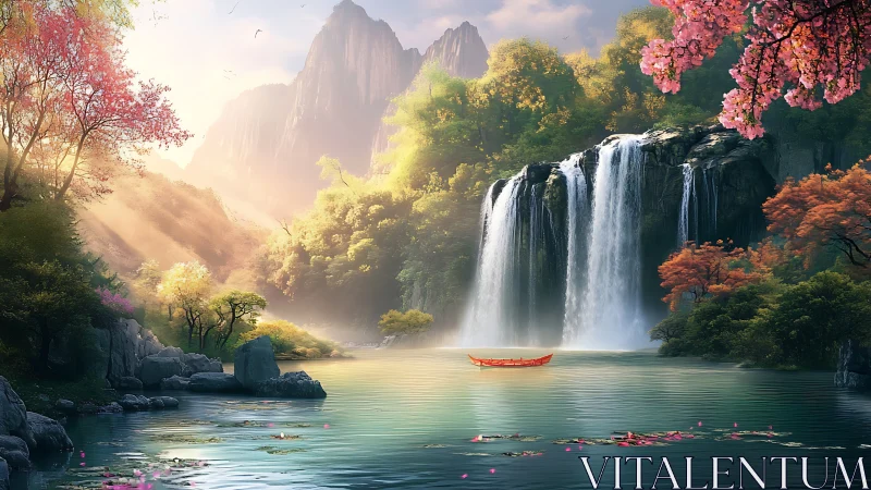 Sunlit waterfalls embrace a tranquil boat on a misty lake