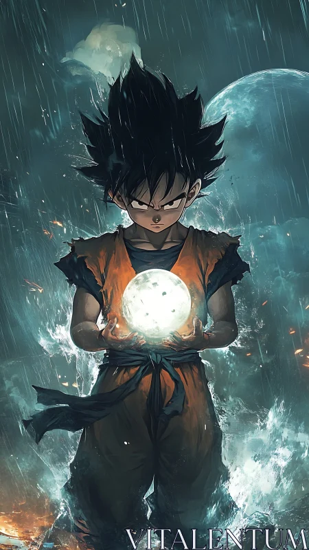 Focused anime warrior holding glowing orb in storm.